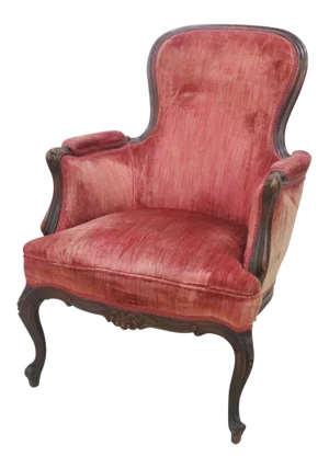 French Red Velvet Carved Walnut Bergere
