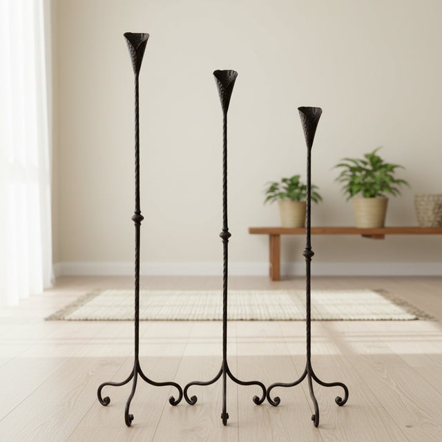 Hand Forged Iron Candelabra Set of 3 (100-120cm) Antique Copper Finish Hammered Stem with Calla Lily Cups For Sale - Image 4 of 10