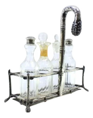 Silver and Glass Cruet with Salt Shaker, Mustard Jar and Claw-Shaped Feet, Set of 5