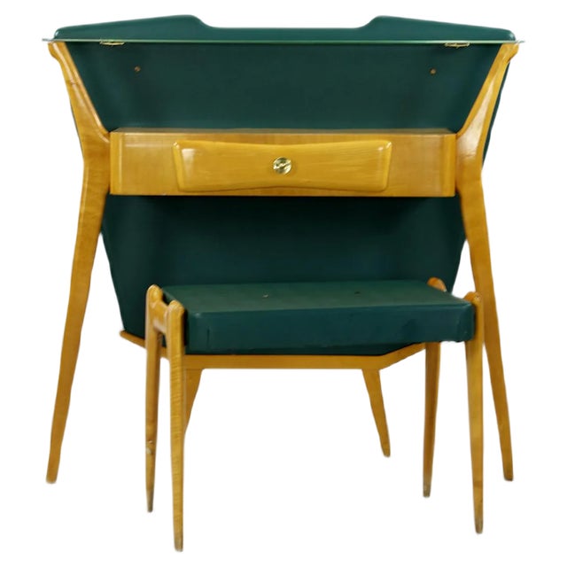 Mid-Century Green Console Table with Stool, Set of 2 For Sale