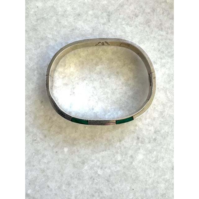 Contemporary Vintage Sterling Silver Taxco Hinge Bracelet With Malachite Inlay - Stamped 925/Mexico For Sale - Image 3 of 5