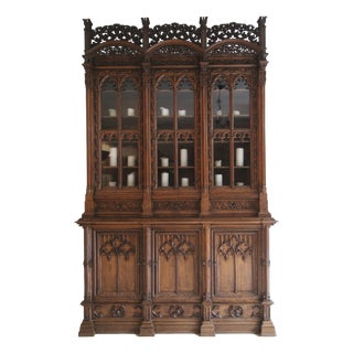 Large Gothic Revival German Carved Oak Cabinet, 1883 For Sale