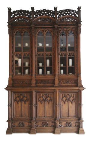 Large Gothic Revival German Carved Oak Cabinet, 1883