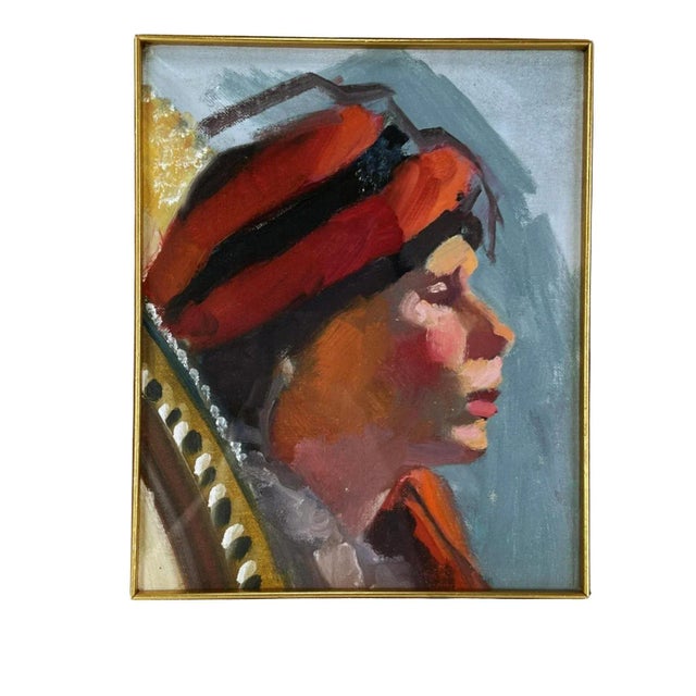 Framed Vintage Oil on Canvas Portrait of Woman Wearing a Scarf, Circa 1978 artist Signed. In earthy tones of red, blue,...