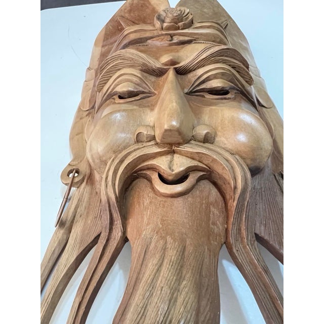Vintage Chinese-Style Warrior Wall Mask in Hand-Carved Tropical Wood, C. 1960–1980 For Sale - Image 10 of 11
