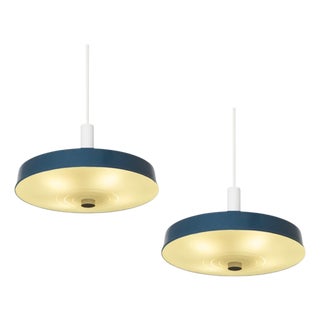 Large Mid-Century Pendant Lamps in Painted Metal and Opaline Glass, 1960, Set of 2 For Sale