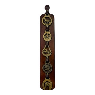 Vintage Leather Horse Strap Five Brass Horse Figures Wall Decor Art For Sale