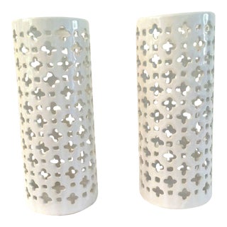 Chinoiserie White Ceramic Pillar Candle Lanterns, a Pair For Sale