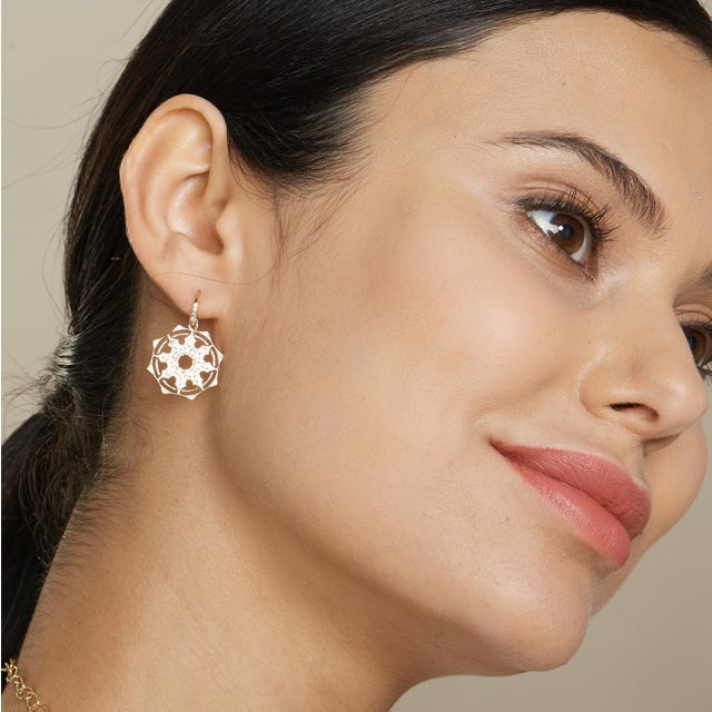 Syna Yellow Gold Mogul Earrings with Diamonds, a Pair For Sale - Image 4 of 5