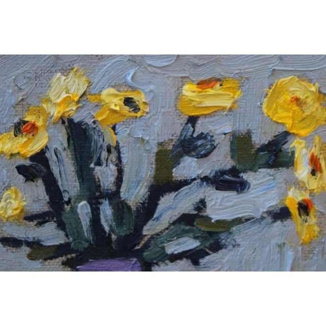 Yellow Flowers With Purple Vase, Contemporary Oil Painting For Sale - Image 4 of 9