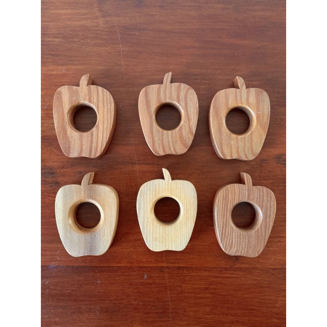 American Set of 6 Vintage Hand-Carved Wooden Apple Napkin Rings – Rustic Table Decor For Sale - Image 3 of 8
