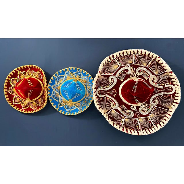 Set of 3 Vintage Mexican Charro Mariachi Sombreros, Pigalle & Salazar Yepez, Folk Art Wall Decor For Sale - Image 9 of 9
