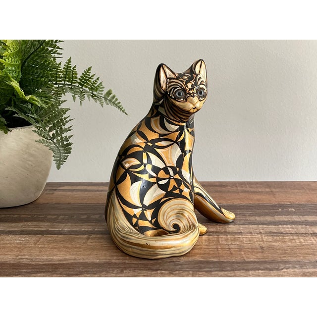 1980s 1980s Modernist Sitting Golden Cat Sculpture - Hand Painted Gilt Gold With Blue Glass Eyes For Sale - Image 5 of 10