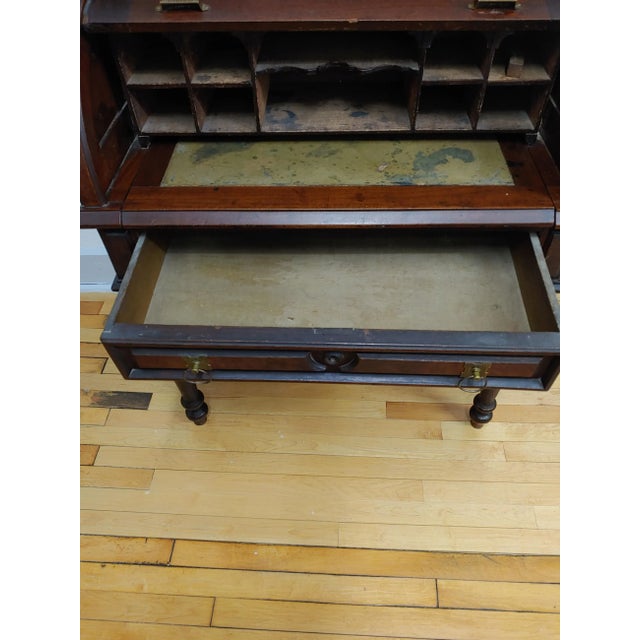 Antique 19th Century Mahogany Renaissance Revival Banker's Cylinder Secretary Desk For Sale - Image 10 of 13