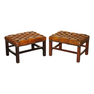 Vintage Brown Hand-Dyed Tufted Leather Chesterfield Ottomans, Set of 2 For Sale