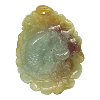 Carved Jade Pendant With Fish Biting Fortune on Lotus Leaf For Sale