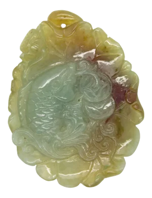 Carved Jade Pendant With Fish Biting Fortune on Lotus Leaf