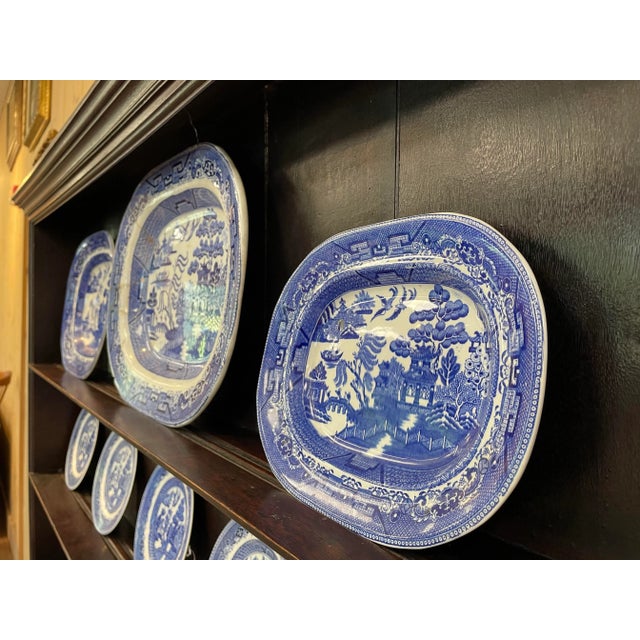Set of 3 Antique 19th Century English Blue Willow Ironstone Serving Platters – Chinoiserie Transferware For Sale - Image 4 of 4