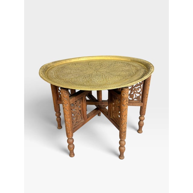 Antique Anglo-Indian Benares Brass Tray Table with Hand-Carved Folding Wooden Base, 1910 For Sale - Image 15 of 15