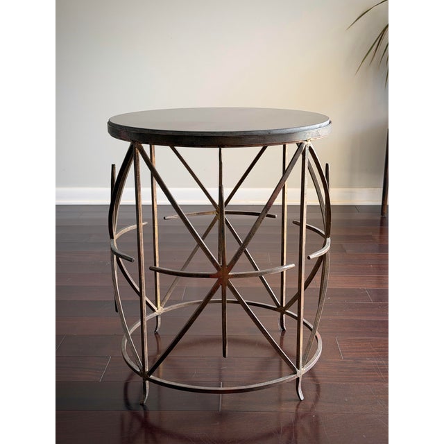 Hollywood Regency Gold Leaf Wrought Iron Side Table Black Stone Granite Top Vintage Geometric Metal Starburst Accent Drink Table Arturo Pani Style For Sale - Image 9 of 12