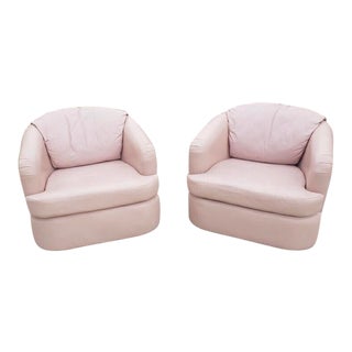 1990s Vintage Pink Leather Swivel Club Chairs- A Pair For Sale