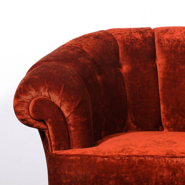 Art Deco Curved Channel-Back Scroll-Arm Sofa With Ebonized Tapered Supports For Sale - Image 4 of 16