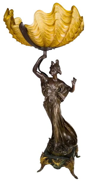 Art Nouveau Spelter Woman Sculpture Yellow Glass Lamp, 1900s
