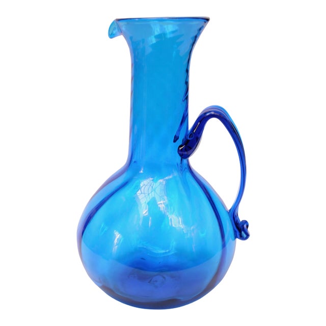 Large Blenko Turquoise Blown Glass Pitcher For Sale