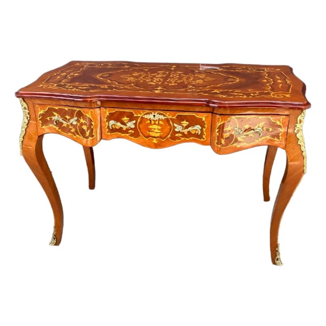 French Style Writing Desk With Hand-Gilded Gold Leaf & Rich Brown Wood Finish For Sale
