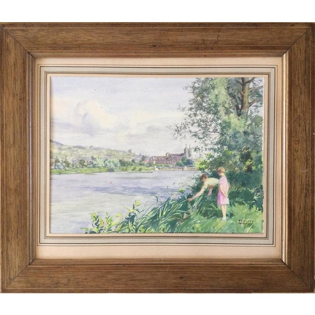Paul GRÉGOIRE (1865-1943) On the banks of the Moselle, Prémontrés Abbey (Pont-à-Mousson) Watercolor Stamp of the workshop...