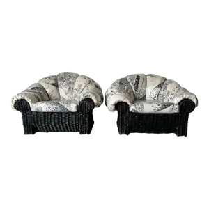 1970's Oversize Vintage Wicker Works Fan Back Italian Rattan Lounge Chairs - a Pair