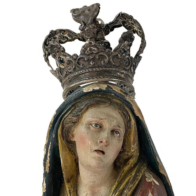 French Painted Wood, Silver and Sapphire Crowned Madonna Figure For Sale - Image 12 of 12
