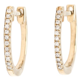 Thin Diamond Huggie Hoop Earrings, 14k Yellow Gold, Length .5 In. For Sale