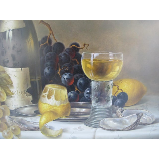 American Roy Hodrien Still Life White Wine & Fruit III Mixed Media Framed Art Painting For Sale - Image 3 of 6