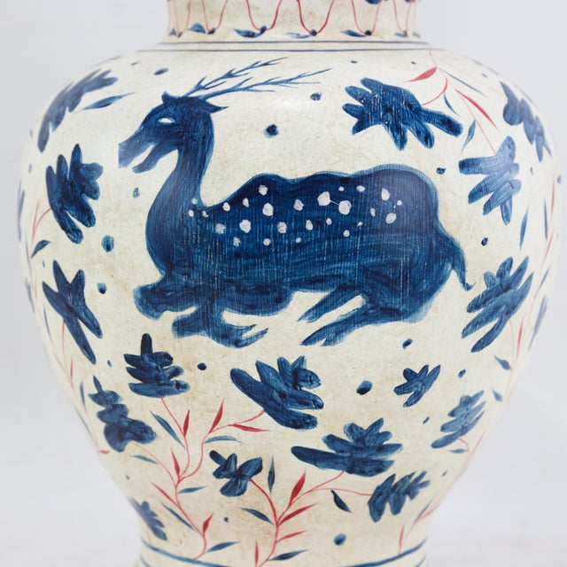 Pair of Vintage Brunschwig & Fils Cadiz Table Lamps - Blue and Cream Ceramic With Boar and Deer Motif For Sale In New York - Image 6 of 17