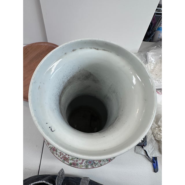Ceramic Large 18" Chinese Famille Rose Porcelain Vase With Dragon Handles & Peacocks For Sale - Image 7 of 12