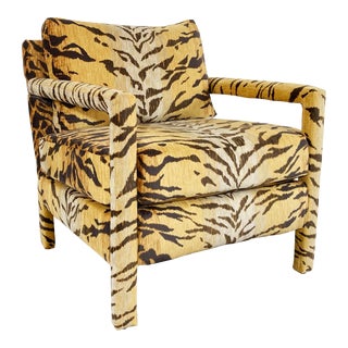 Newly Upholstered Tiger Print Velvet MCM Milo Baughman Style Parsons Chair For Sale