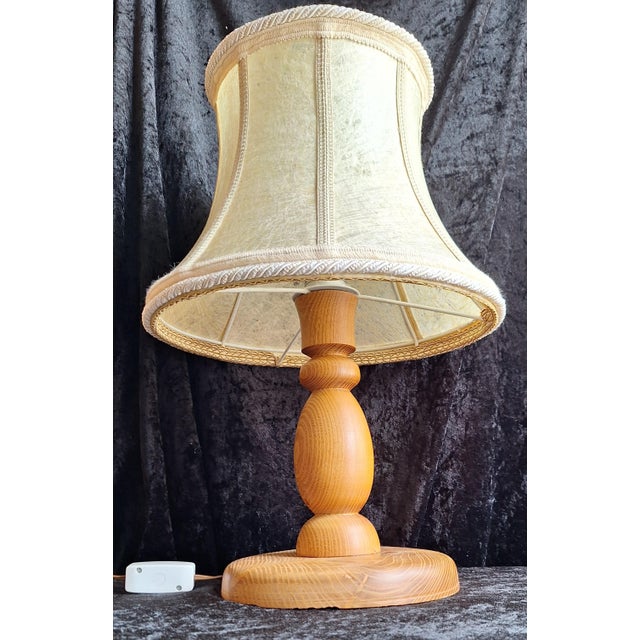 Vintage Table Lamp with Turned Teak Wood Base and Hand-Stitched Leather Shade, 1970s For Sale - Image 6 of 7