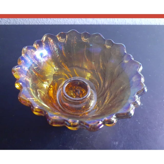 Orange 1970s Vintage Indiana Glass Iridescent Marigold Single Taper Candle Holder For Sale - Image 8 of 8
