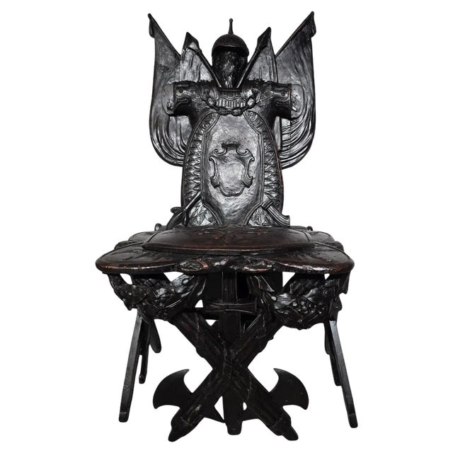 Carved Ebonised Wood Grand Tour Military Trophy Chair, 1860 For Sale