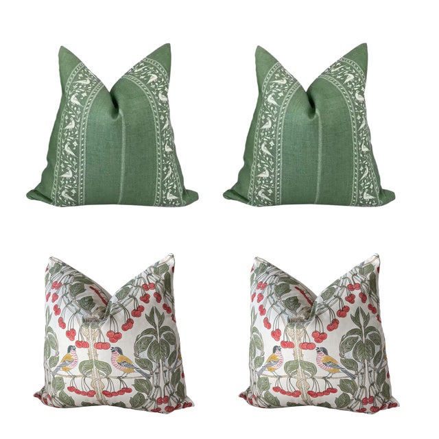 Bundle includes a pair of pillows in: GP & Baker "Birds & Cherries" in Red/Green and Lisa Fine "Baroda" in Mint Green....