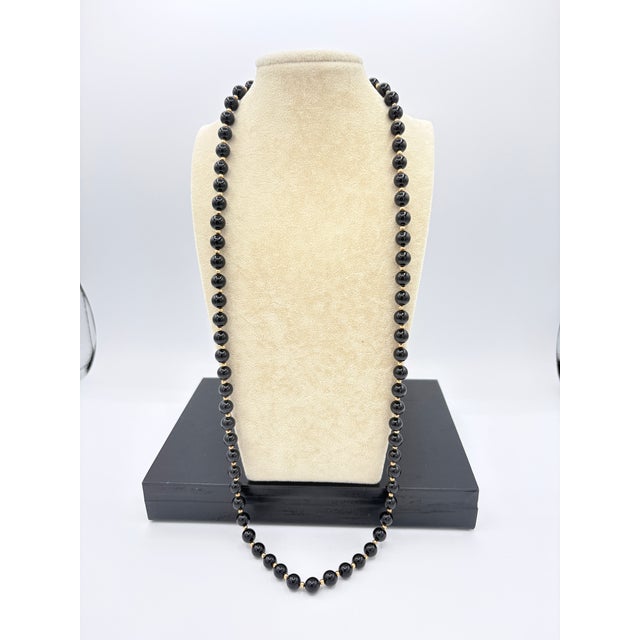 Mid-Century Modern Vintage Opera Length Continuous Strand Onyx Bead Necklace With 14k Gold Spacers For Sale - Image 3 of 5