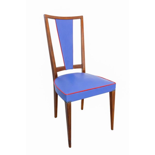 Mid-Century French Blue Red Border Dining Chairs in Teak and Skai, 1960, Set of 6 For Sale - Image 10 of 14