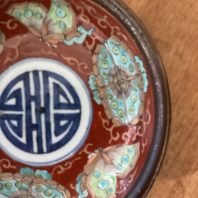 Wood Antique Chinese Qing Yongzheng Hand-Painted Blessing Bowl on Wood Base Signed For Sale - Image 7 of 12