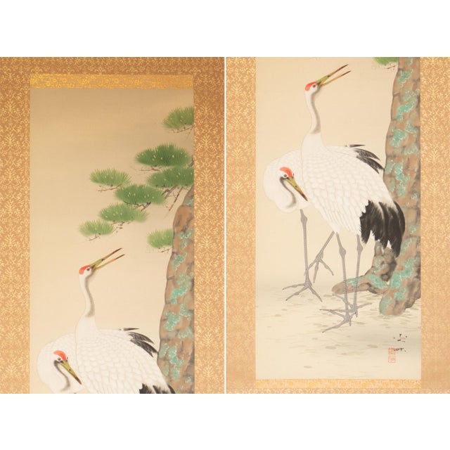 Japanese Taisho to Showa Era Japanese Silk Scroll Painting "Two Cranes and a Pine Tree" For Sale - Image 3 of 18