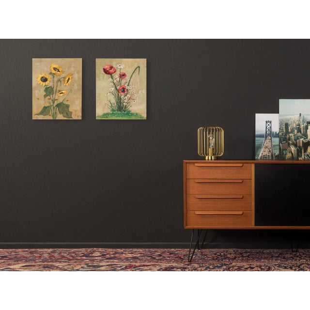 Poppy and Sunflowers, 1960s, Oil Paintings on Plate, Framed, Set of 2 For Sale - Image 3 of 11