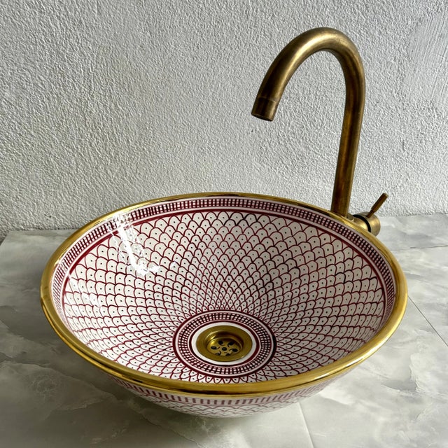 Not Yet Made - Made To Order Ceramic Sink With 14k Gold Rim Vessel Round Sink Bowl Basin With Drain For Sale - Image 5 of 10