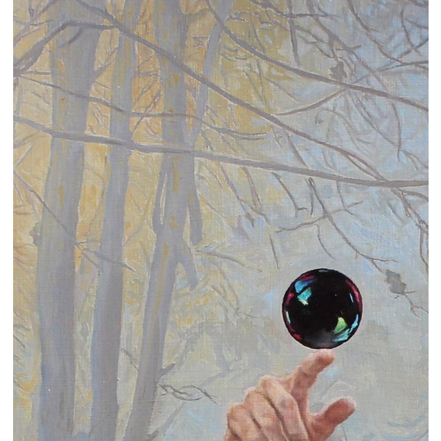 Figurative Wood Nymph by John Tarantola | Oil on Cradled Panel Young man balancing a sphere in a forest setting. For Sale - Image 3 of 4
