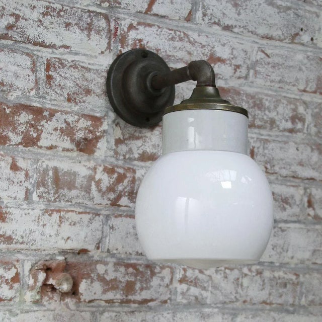 Mid-Century Modern Vintage Industrial White Porcelain Opaline Milk Glass Brass Wall Lamp For Sale - Image 3 of 11