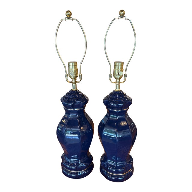 Vintage Palm Beach Pair of Cobalt Blue Ceramic Table Lamps Newly Wired - a Pair For Sale